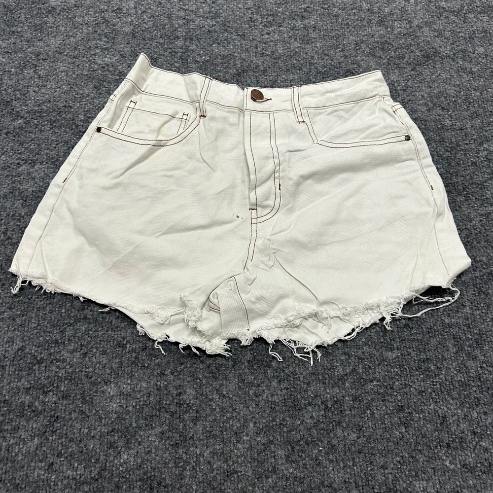 TGLA Shorts Womens Size 26 White Denim High Waisted Contrast Stitch Frayed Hem